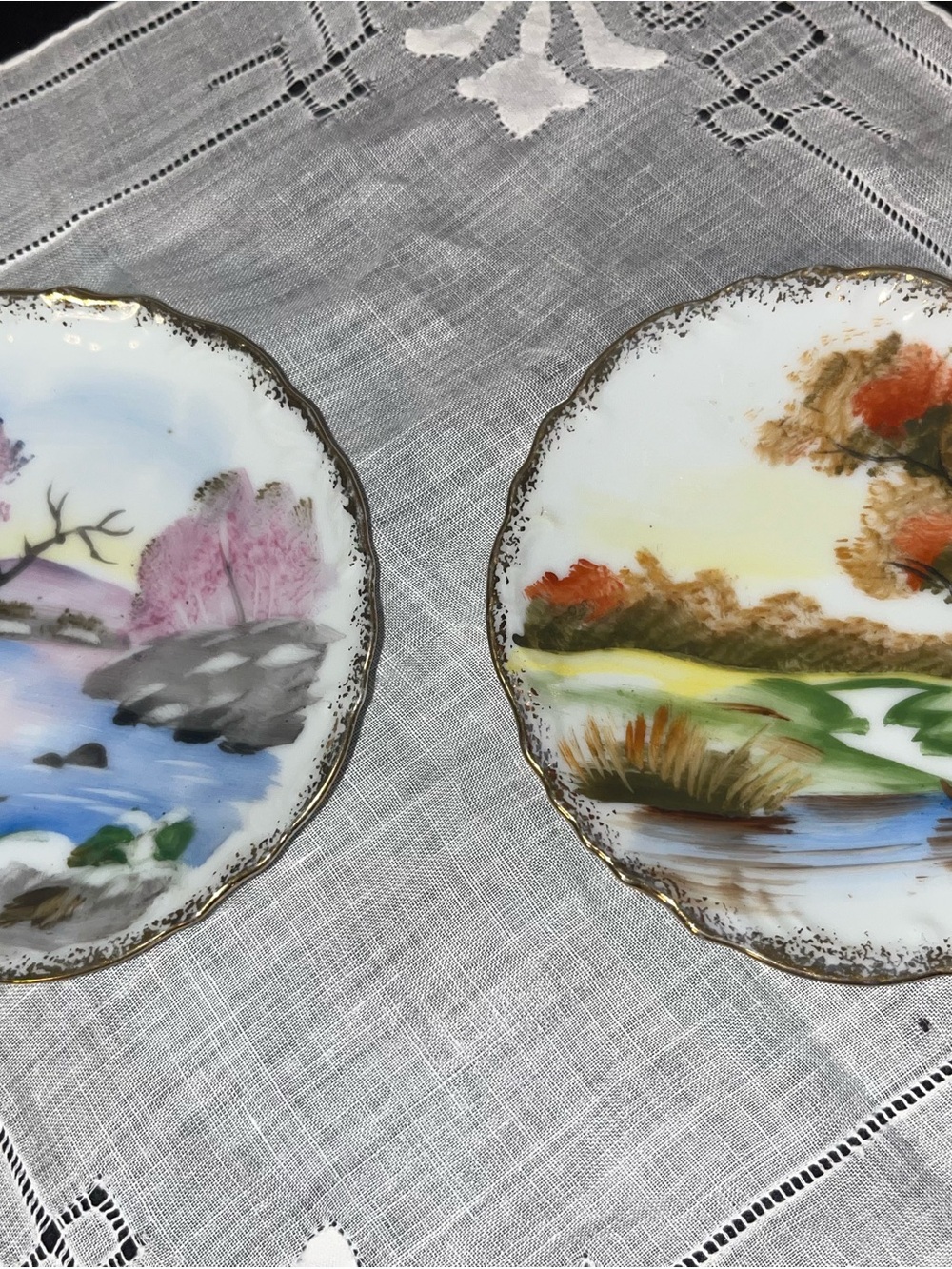Vintage Hand-Painted Japanese Porcelain Hanging Plates - Set of 2, Gold Trim